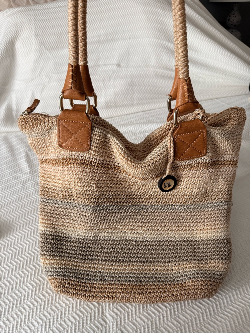 The Sak Cambria Neutral Striped Crochet Tote / Shoulder Bag.